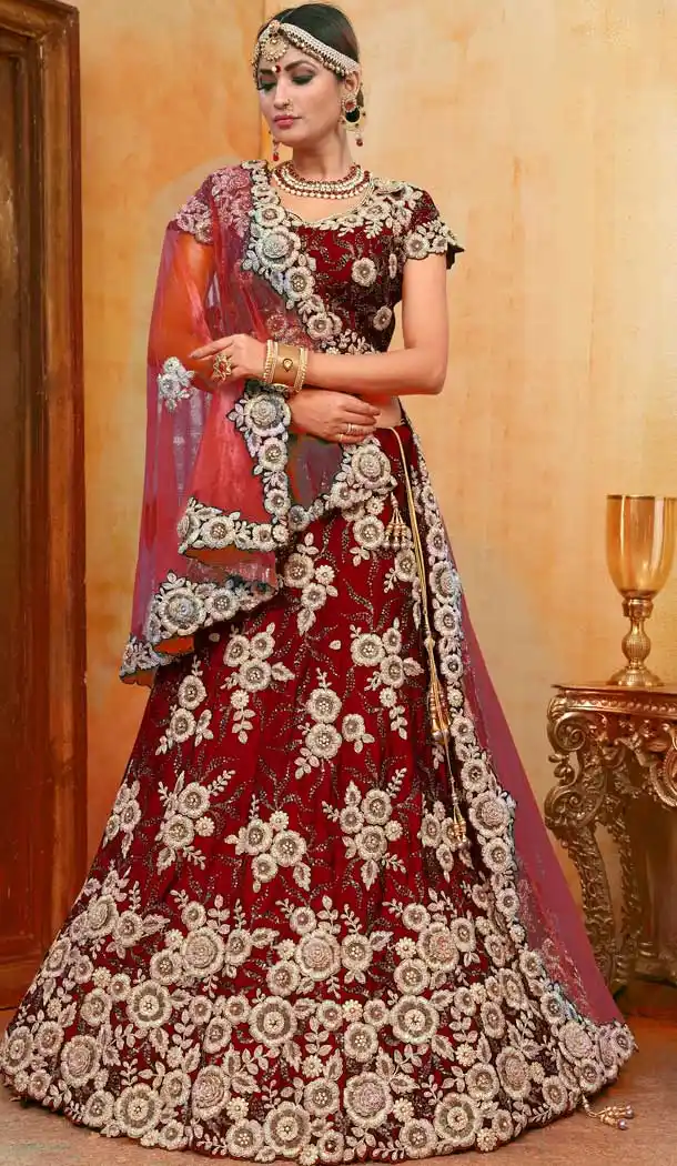 Chic Red Color Velvet Designer Bridal Wedding Lehenga Choli -70521037