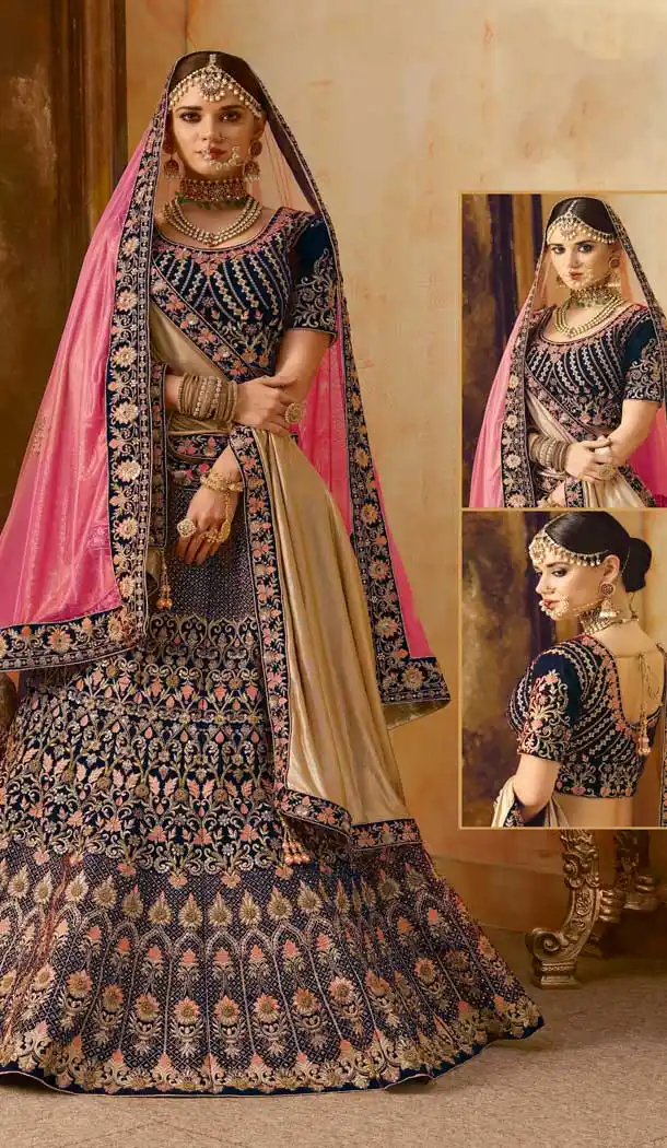 Chic Dark Blue Color Velvet Designer Bridal Wedding Lehenga Choli -70521042