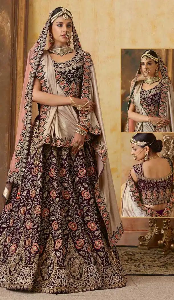 Dark Wine Color Velvet Designer Bridal Wedding Lehenga Choli -70521044