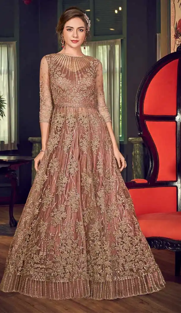 Ravishing Pastel Brown Color Net Designer Pakitani Style Lehenga Suit -70541055