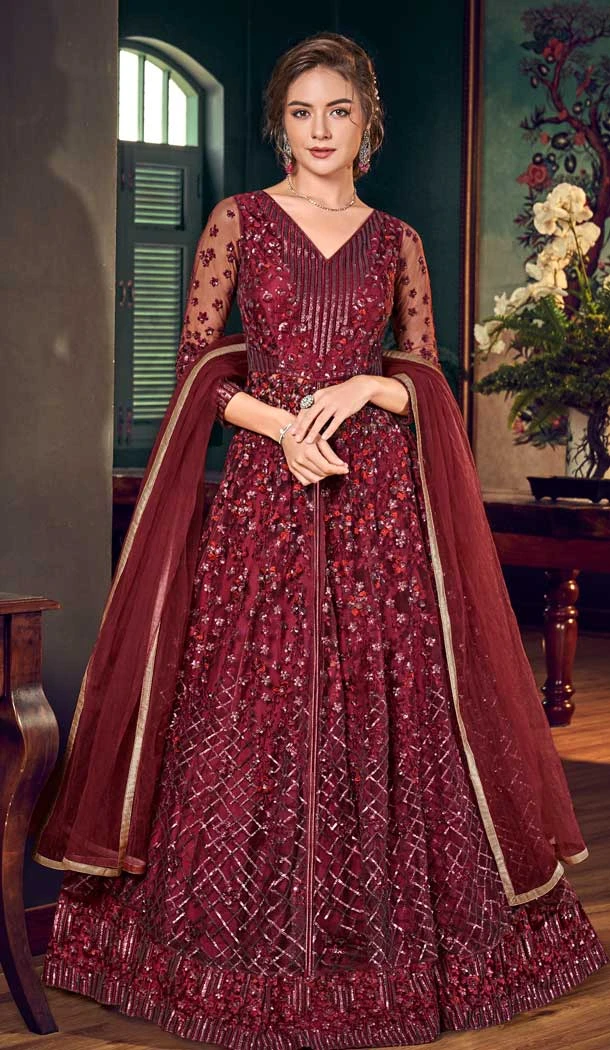 Pretty Maroon Color Net Designer Pakitani Style Lehenga Suit -70541059