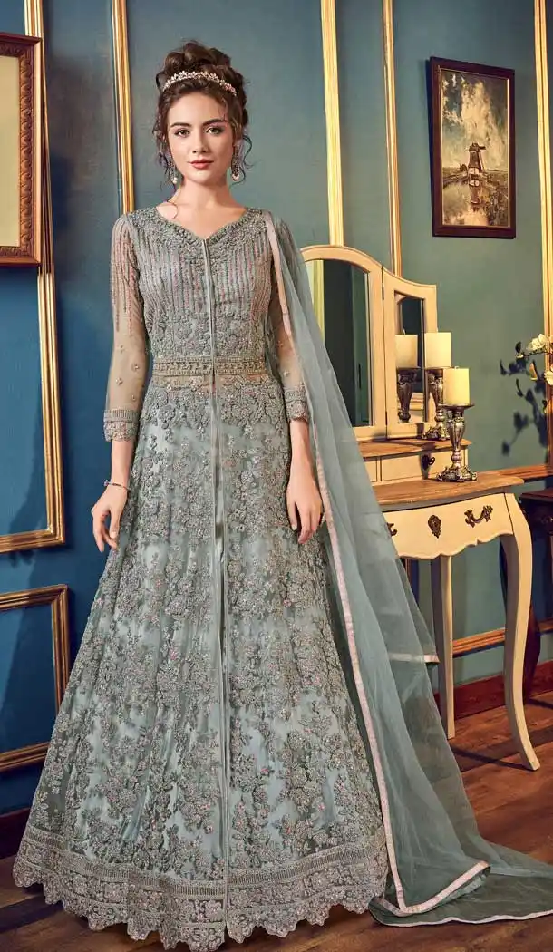 Fascinating Grey Color Net Designer Pakitani Style Lehenga Suit -70541060