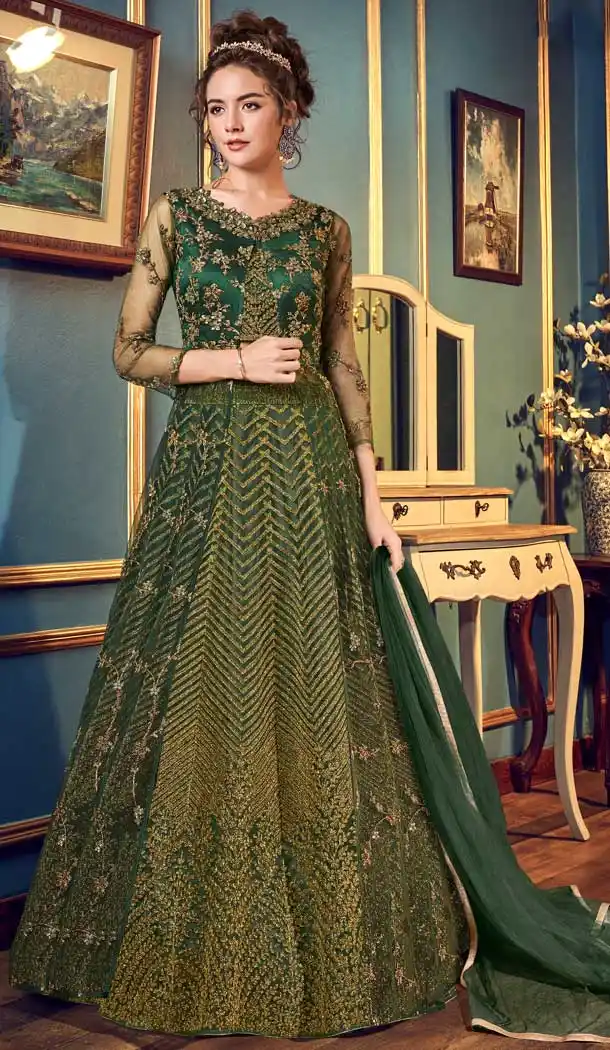 Pine Green Color Net Designer Pakitani Style Lehenga Suit -70541062