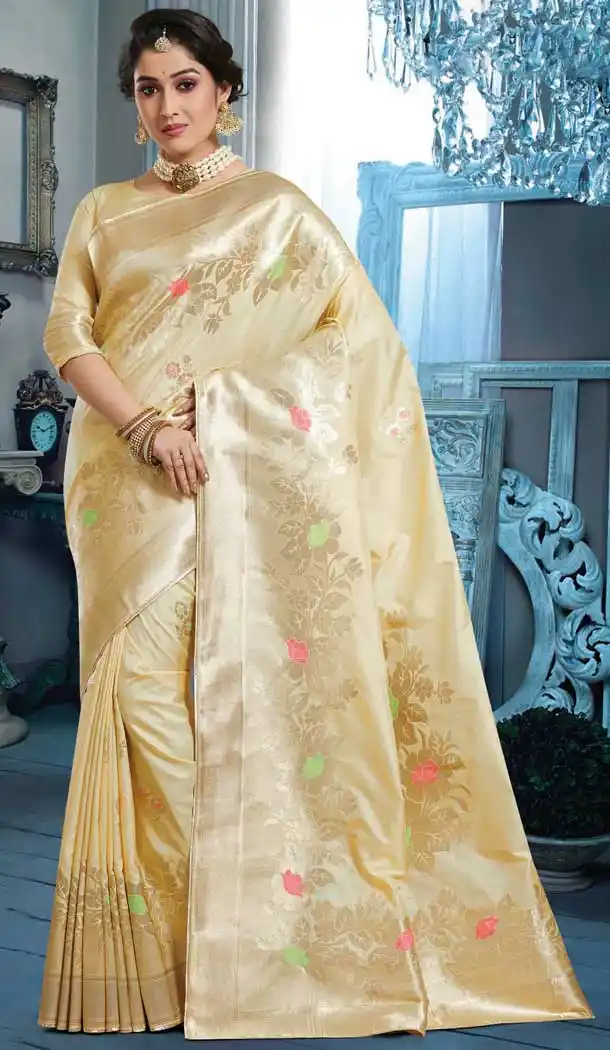 Festive Season Traditional Wear Cream Color Art Silk Saree Blouse -70571088