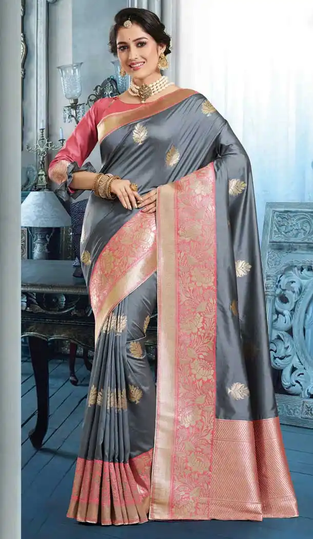 Festive Season Traditional Wear Dark Grey Color Art Silk Saree Blouse -70571089