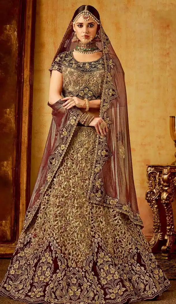 Exotic Maroon Beige Color Velvet Bridal Wedding Lehenga Choli -70611113