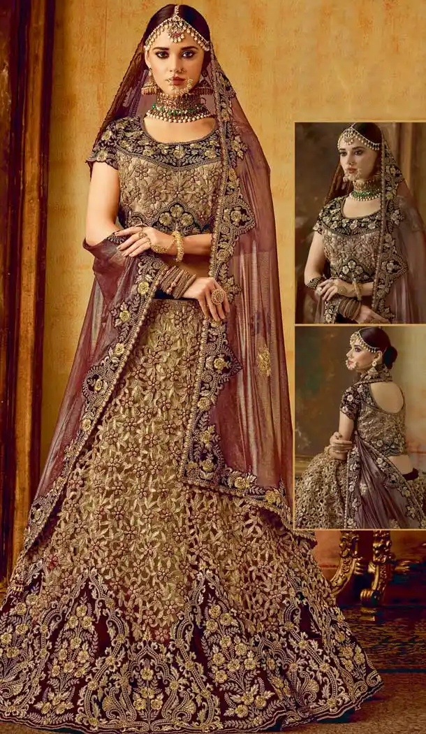 Maroon Dark Beige Color Velvet Bridal Wedding Lehenga Choli -70611114