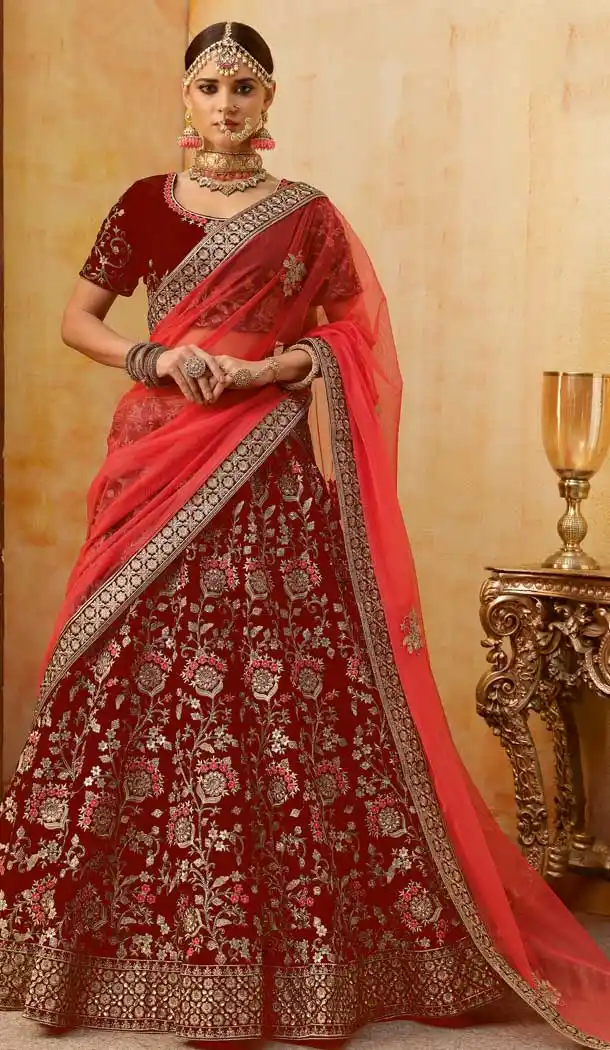 Elegant Red Color Velvet Bridal Wedding Lehenga Choli -70611116