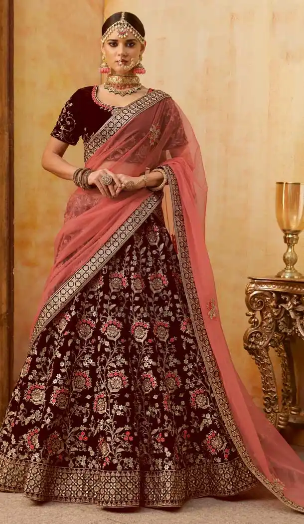 Fancy Maroon Color Velvet Bridal Wedding Lehenga Choli -70611117