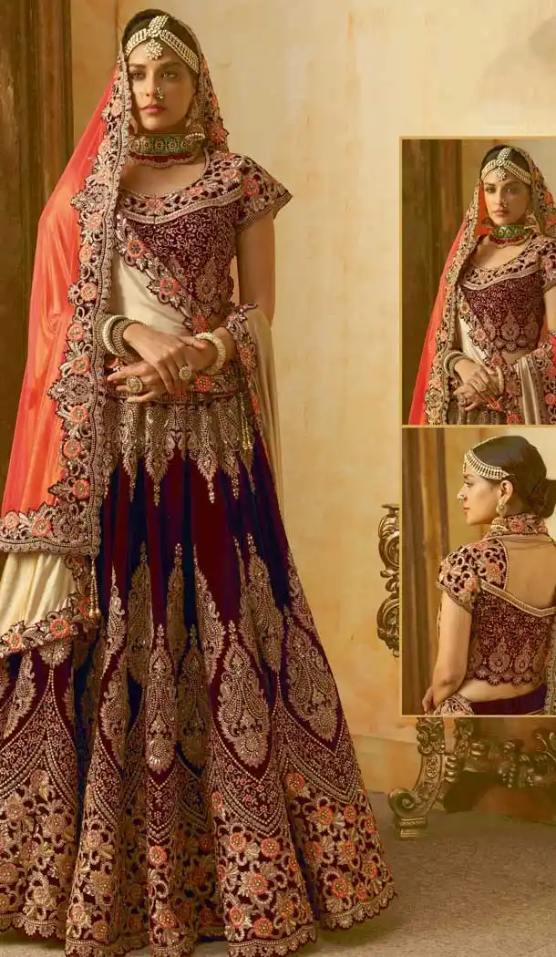Captivating Maroon Color Velvet Bridal Wedding Lehenga Choli -70611118