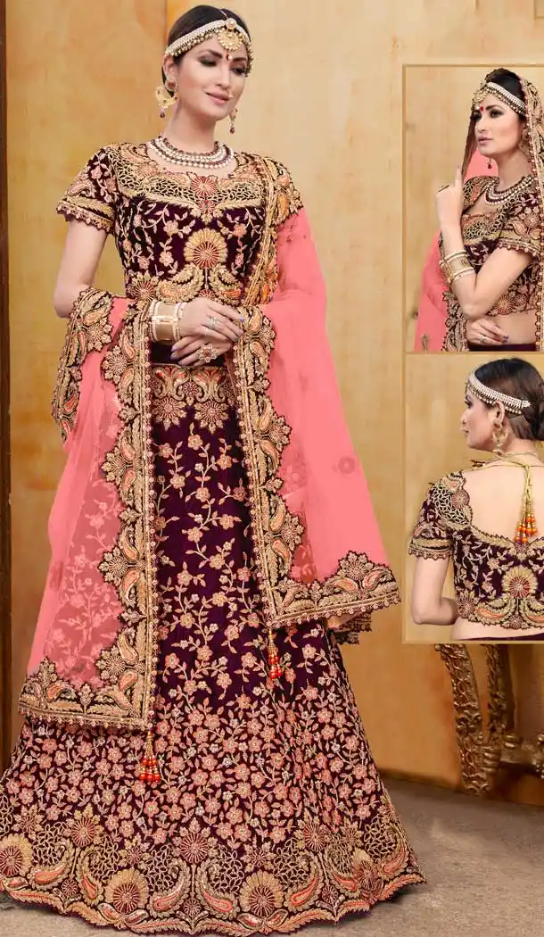 Charming Wine Color Velvet Bridal Wedding Lehenga Choli -70611119
