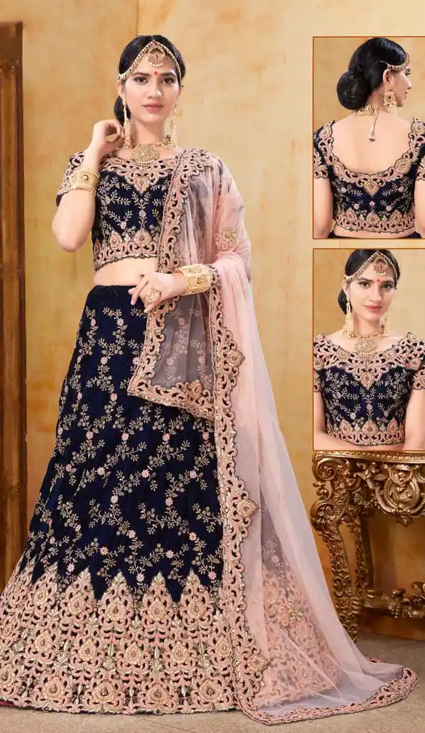 Melodic Navy Blue Color Velvet Bridal Wedding Lehenga Choli -70611121