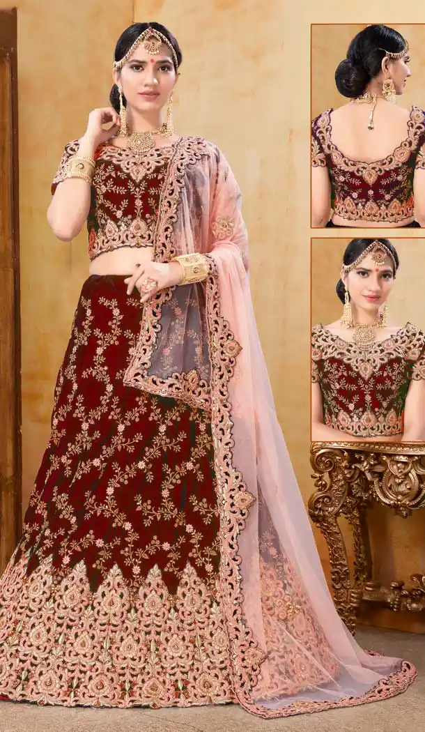 Luscious Maroon Color Velvet Bridal Wedding Lehenga Choli -70611122