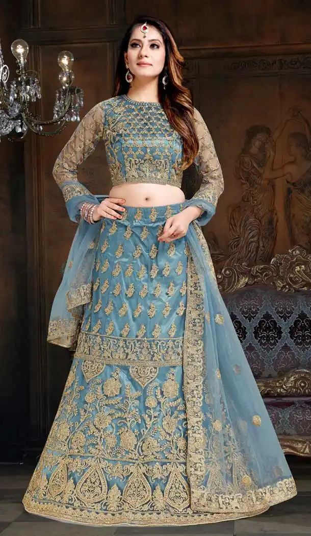 Ethnic Grey Color Net Satin Designer Traditional Wear Lehenga Choli -70811299