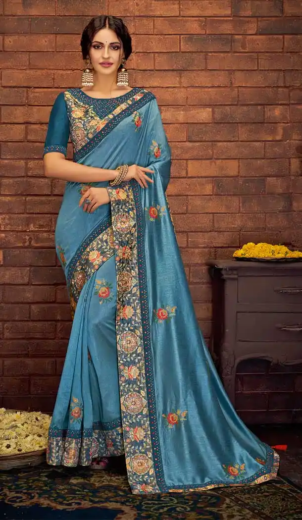 Blue Color Satin Silk Party Wear Traditional Saree Blouse -70711208