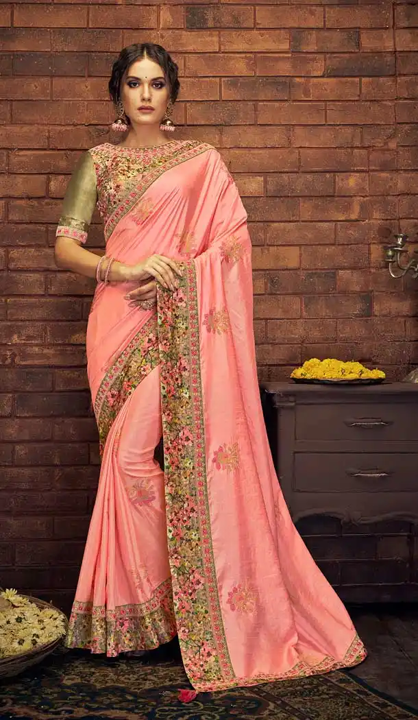 Pink Color Satin Silk Party Wear Traditional Saree Blouse