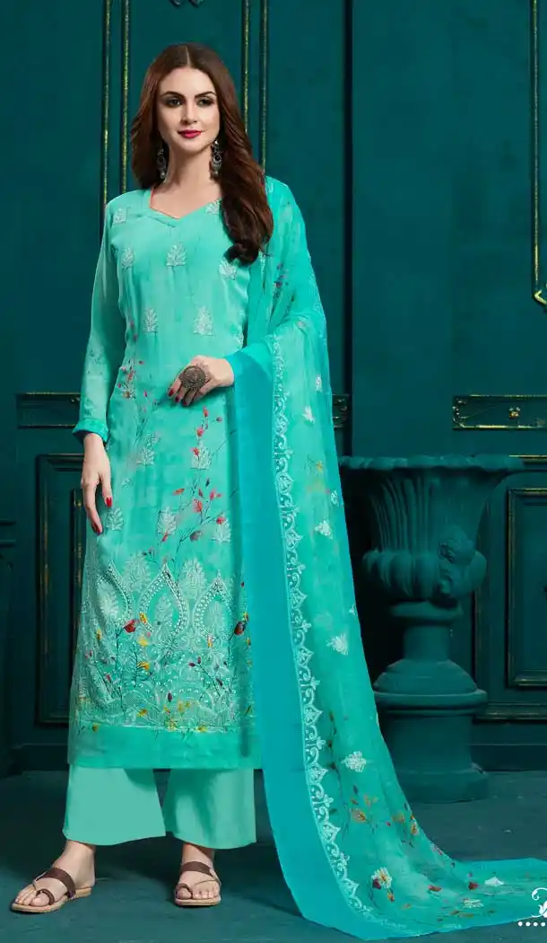 Turquoise Blue Color Georgette Casual Party Wear Plazzo Suit -70721229