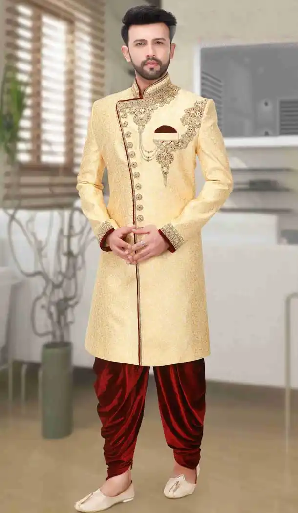 Wedding Wear Indo Western Plus Size Sherwani in Gold Color -671184316