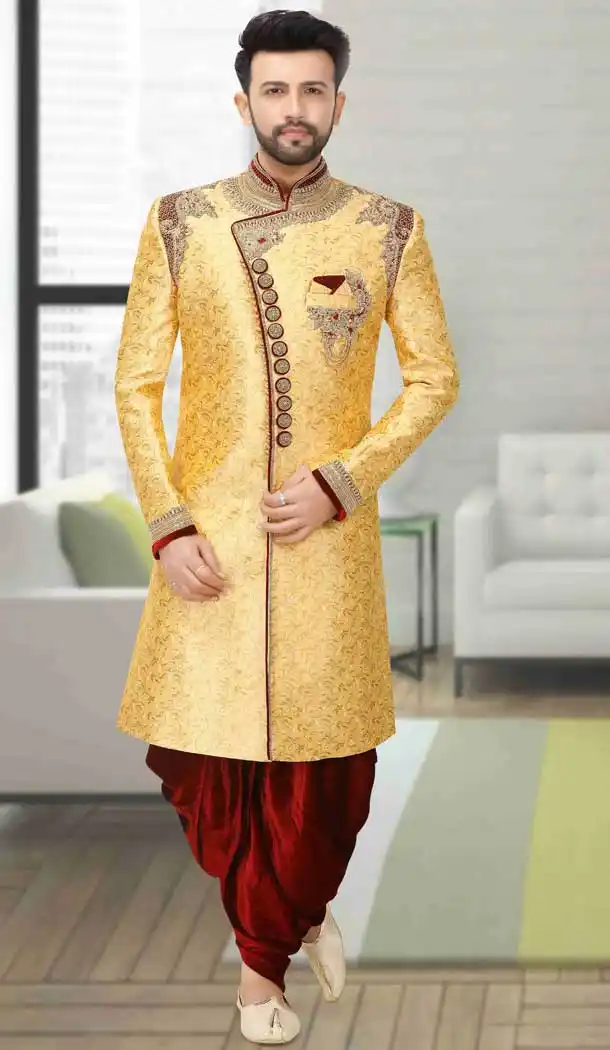 Wedding Wear Indo Western Plus Size Men Sherwani in Yellow Gold Color -671184319