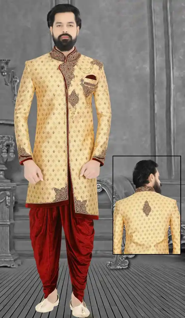 Wedding Wear Indo Western Plus Size Men Sherwani in Gold Color -671184324