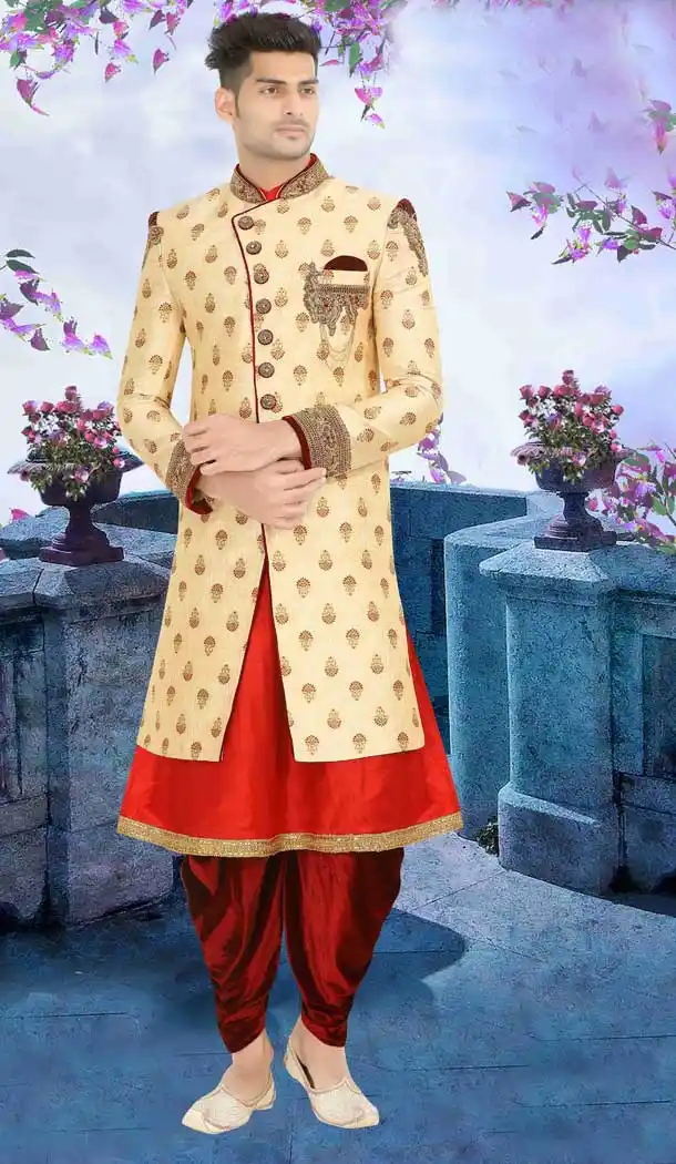 Wedding Wear Indo Western Plus Size Men Sherwani in Cream Red Color -671184325