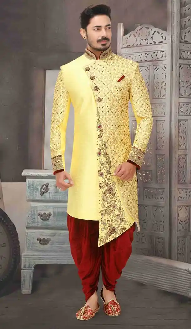 Wedding Wear Indo Western Plus Size Men Sherwani in Yellow Gold Color -671184330