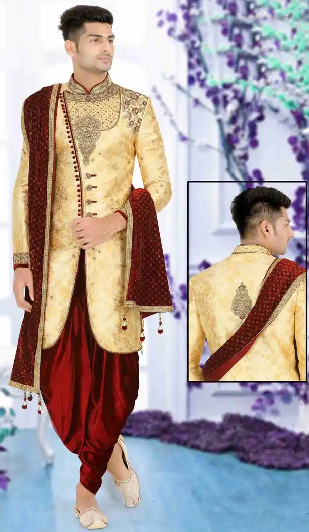Wedding Wear Indo Western Plus Size Men Sherwani in Gold Color -671184340