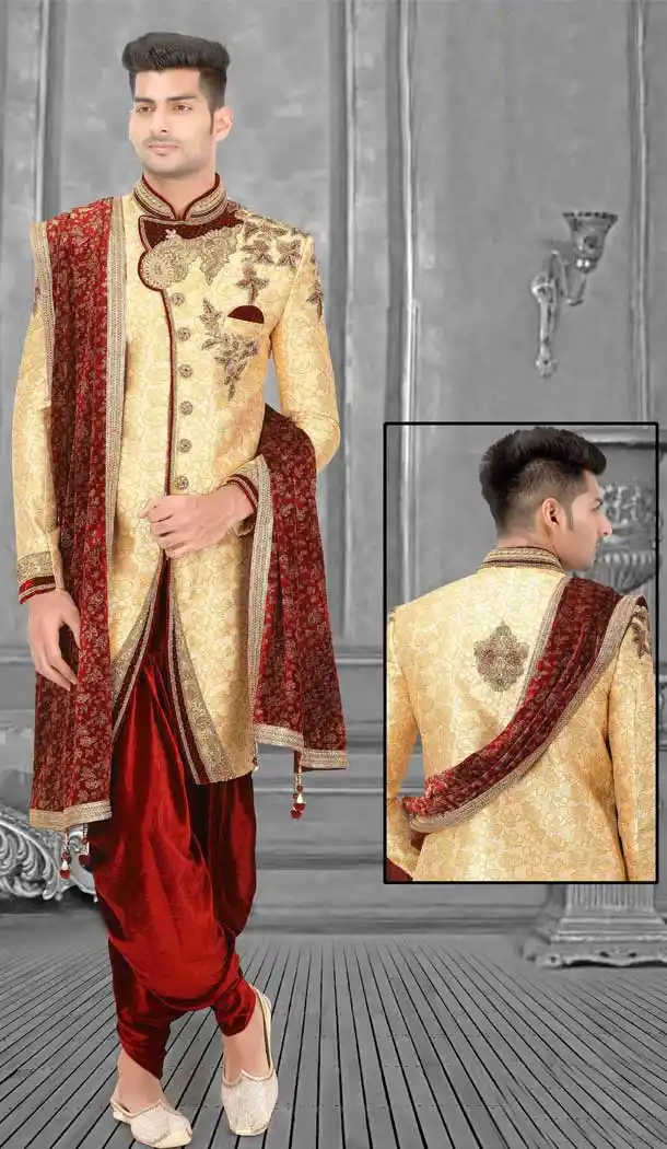 Wedding Wear Indo Western Plus Size Men Sherwani in Gold Color -671184341
