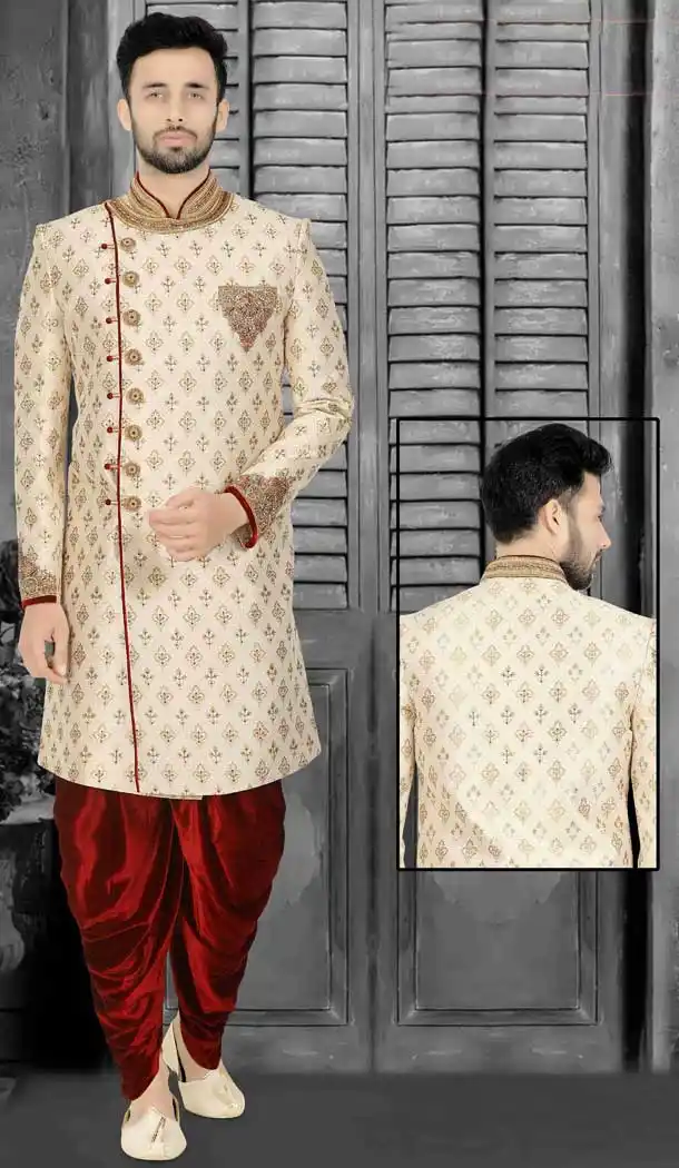 Wedding Wear Indo Western Plus Size Men Sherwani in Cream Color -671184343