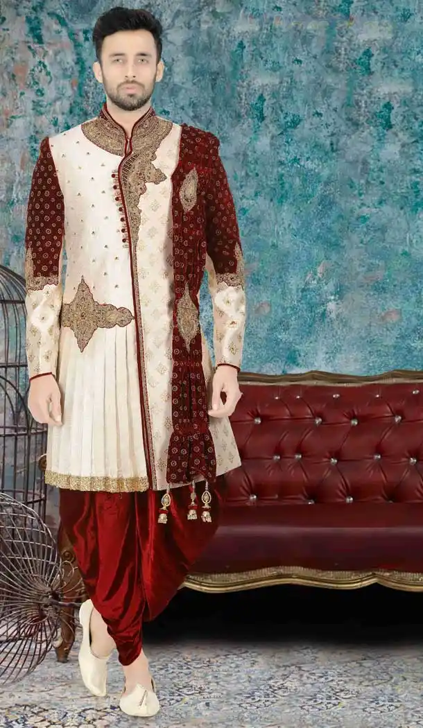 Wedding Wear Indo Western Plus Size Men Sherwani in Cream Color -671184344