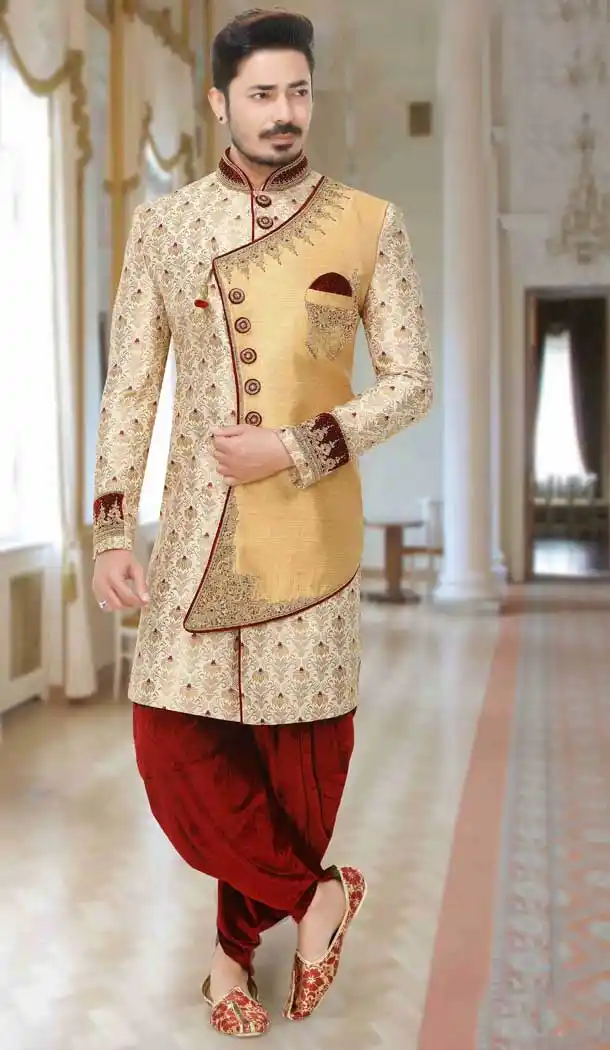 Cream Gold Readymade Wedding Wear Indo Western Men Sherwani -671284345