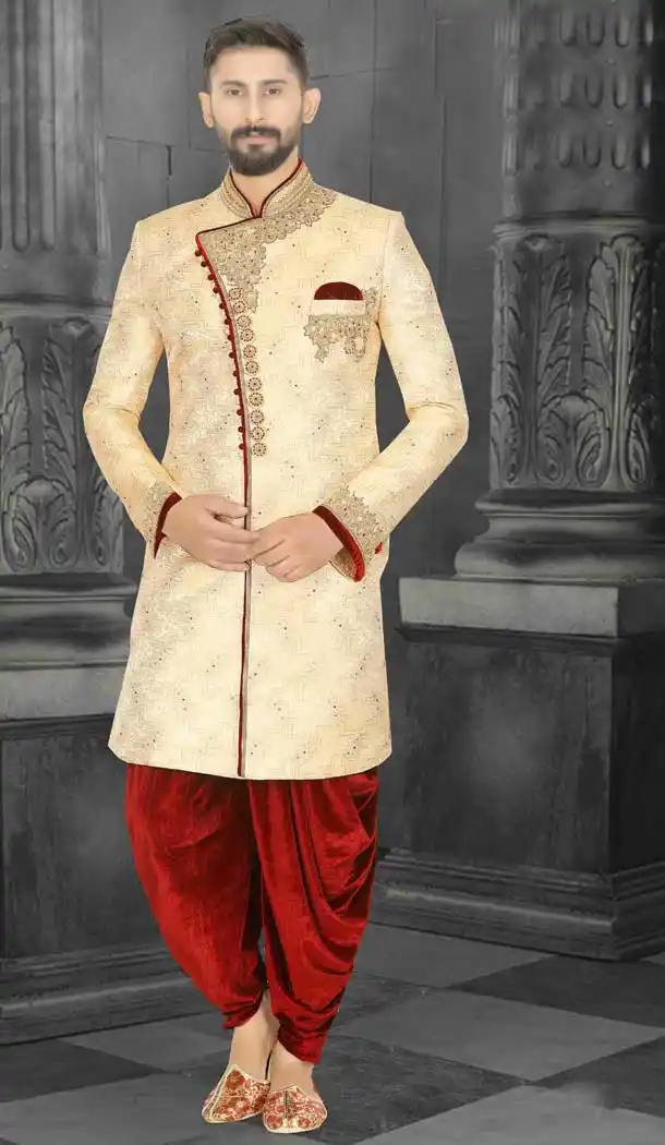 Cream Readymade Wedding Wear Indo Western Men Sherwani -671284347