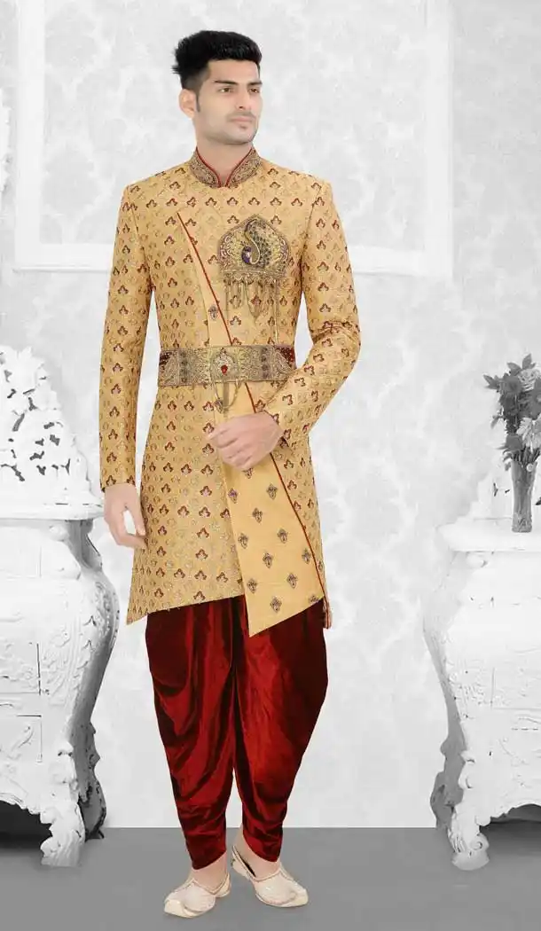 Gold Readymade Wedding Wear Indo Western Men Sherwani -671284348