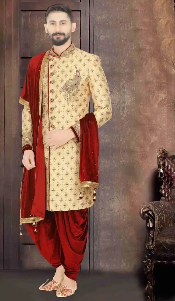 Cream Readymade Wedding Wear Indo Western Men Sherwani -671284349