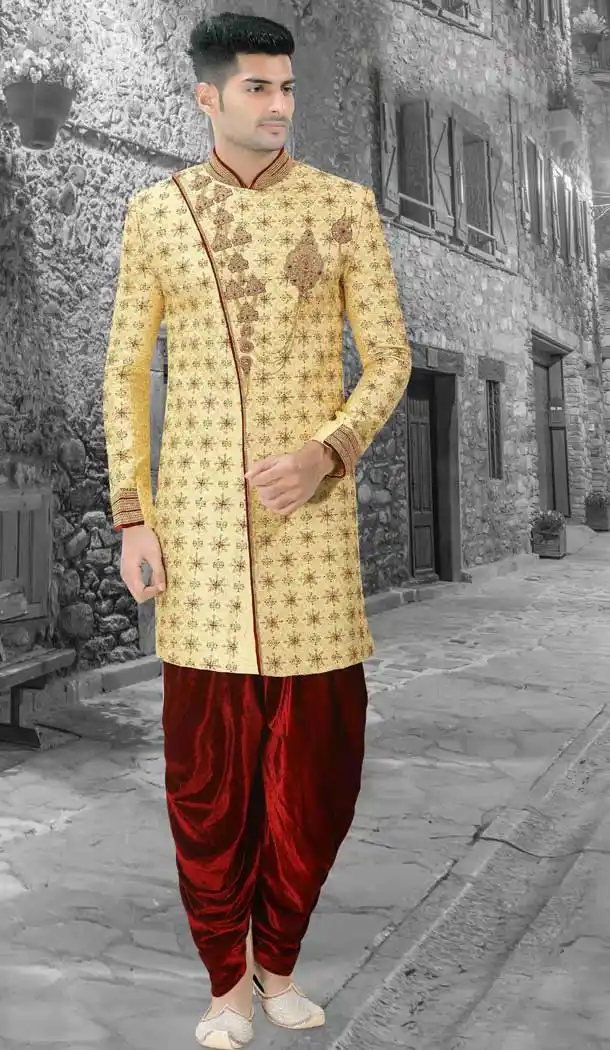 Yellow Gold Readymade Wedding Wear Indo Western Men Sherwani -671284350