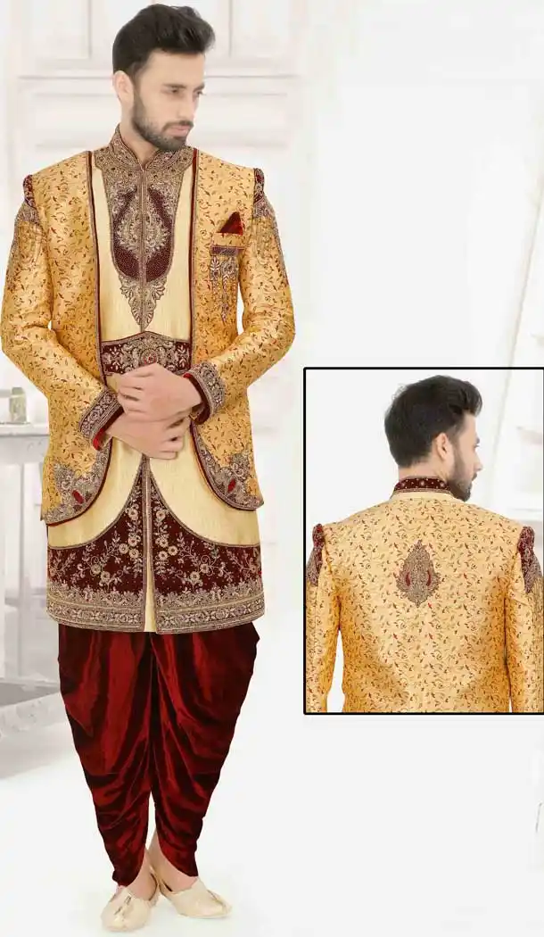 Cream Gold Readymade Wedding Wear Indo Western Men Sherwani -671284352
