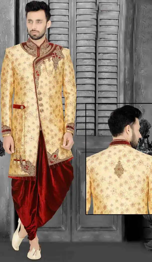 Gold Readymade Wedding Wear Indo Western Men Sherwani -671284353