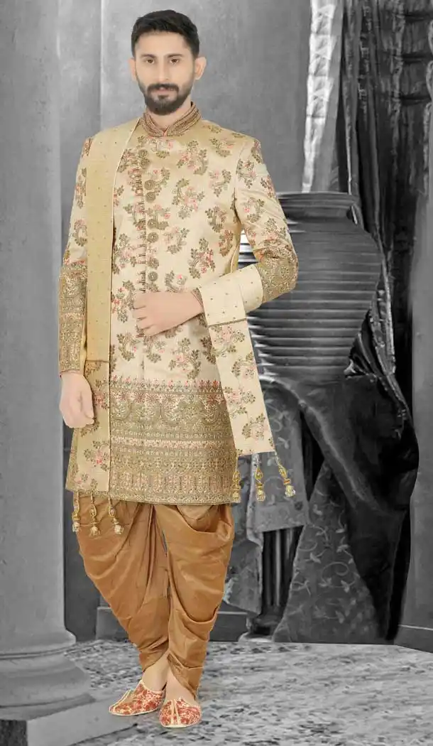 Beige Readymade Wedding Wear Indo Western Men Sherwani -671284355