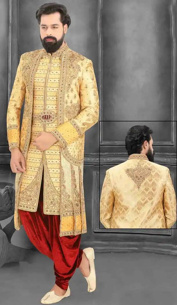 Yellow Gold Readymade Wedding Wear Indo Western Men Sherwani -671284356