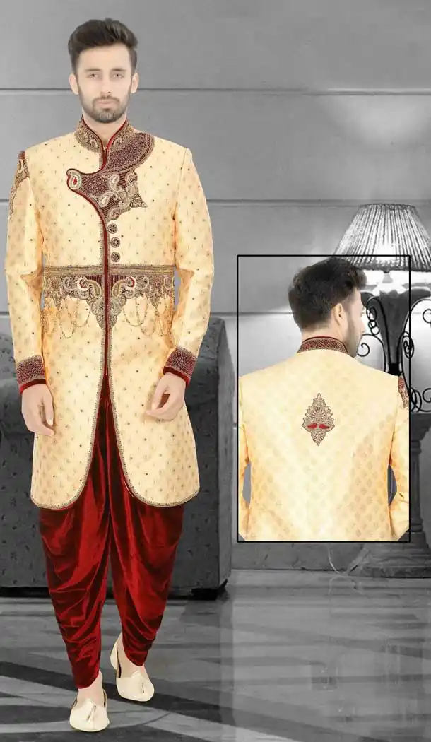 Cream Readymade Wedding Wear Indo Western Men Sherwani -671284357