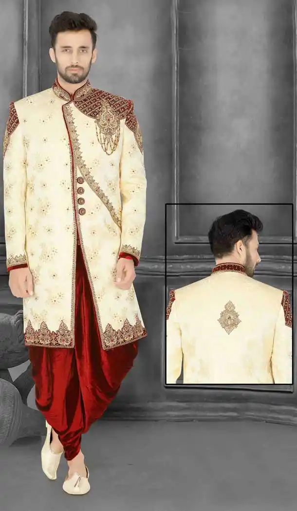 Cream Readymade Wedding Wear Indo Western Men Sherwani -671284358