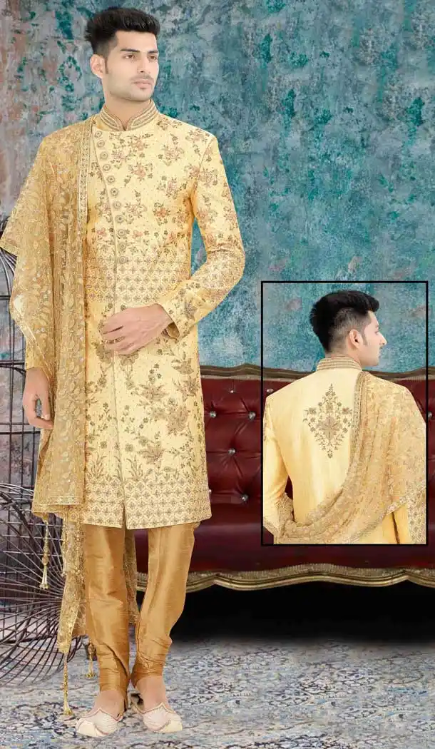 Gold Readymade Wedding Wear Indo Western Men Sherwani -671284359