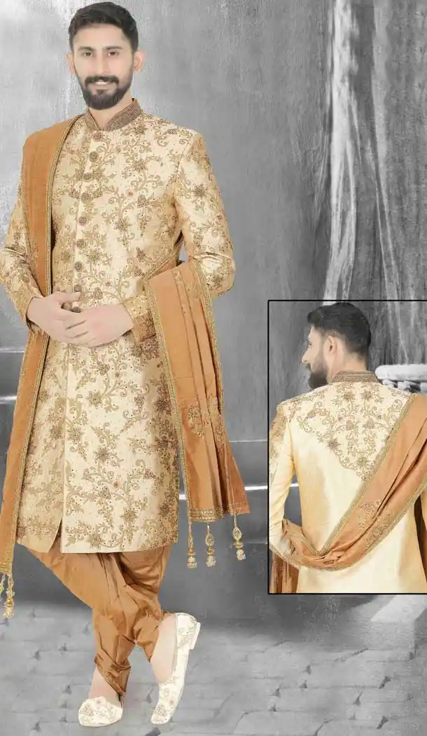 Cream Gold Readymade Wedding Wear Indo Western Men Sherwani -671284360