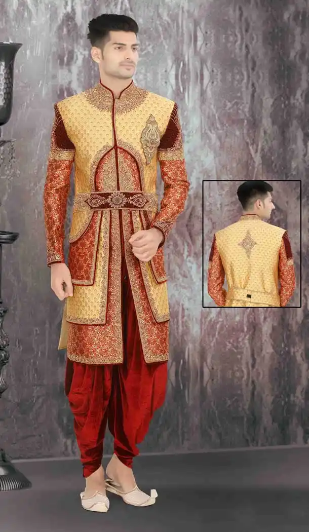 Cream Red Readymade Wedding Wear Indo Western Men Sherwani -671284362