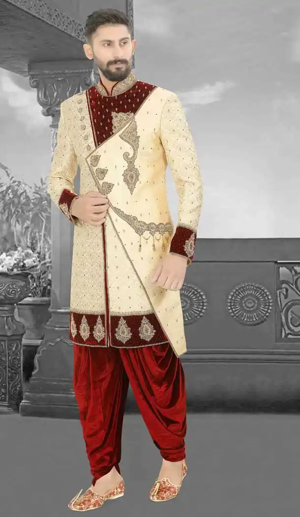 Cream Readymade Wedding Wear Indo Western Men Sherwani -671284364