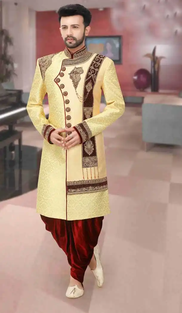 Yellow Gold Readymade Wedding Wear Indo Western Men Sherwani -671284366