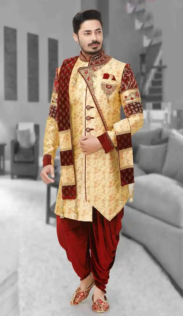 Orange Gold Readymade Wedding Wear Indo Western Men Sherwani -671284368