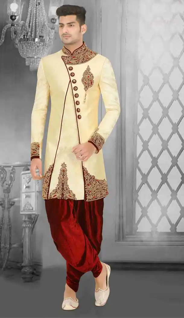 Cream Readymade Wedding Wear Indo Western Men Sherwani -671284369