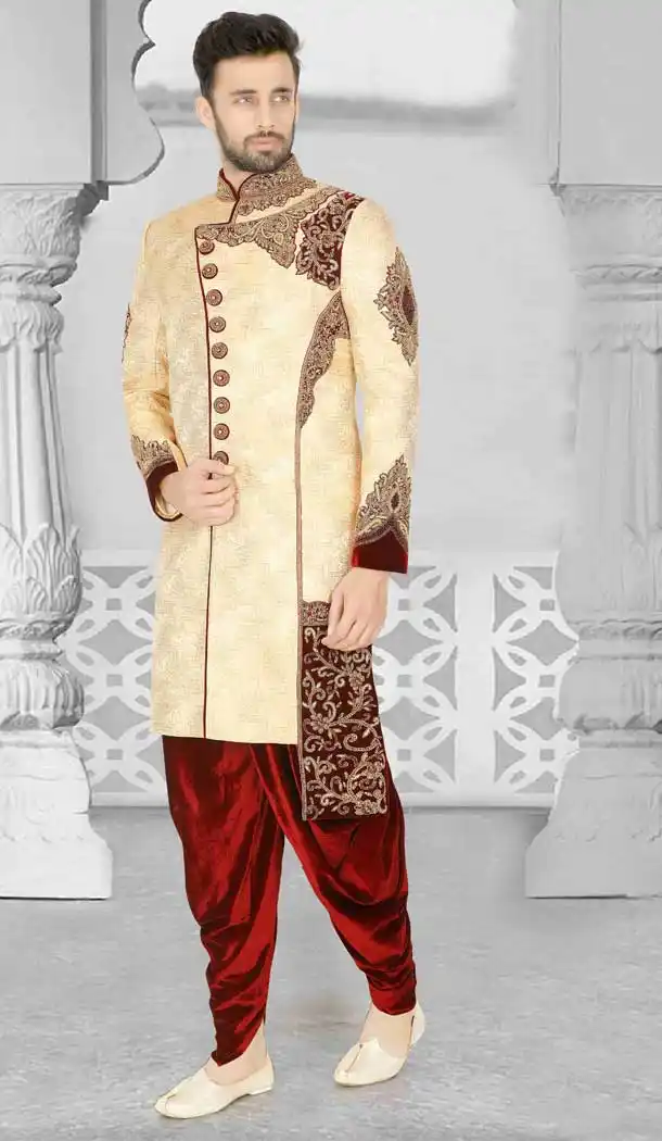 Elegant Cream Readymade Wedding Wear Indo Western Men Sherwani -671284370