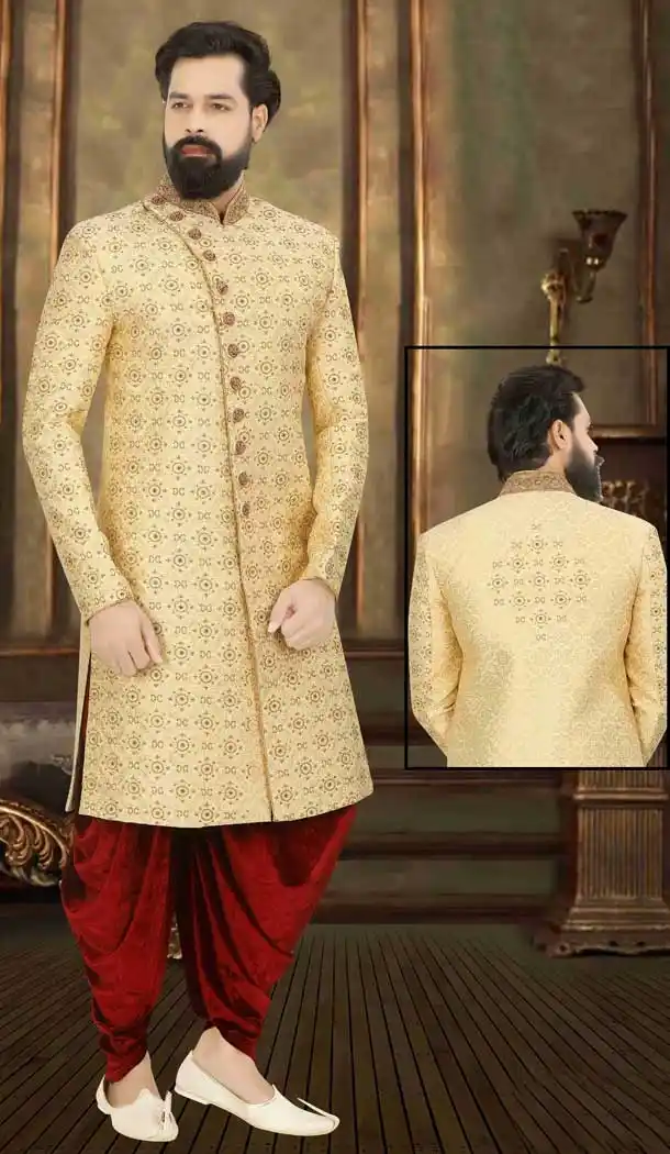 Cream Readymade Wedding Wear Indo Western Men Sherwani -671284371